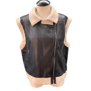 ACTIVE USA Faux Shearling Leather-Trim Vest – Women’s Large – Black & Cream NWT‎